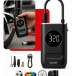 Mini Compressor Digital Portátil Rezzet para Carro Moto e Bicicleta com Calibrador Digital Inflador Elétrico de Pneus 12V Display LCD Lanterna LED Compacto e Recarregável Preto