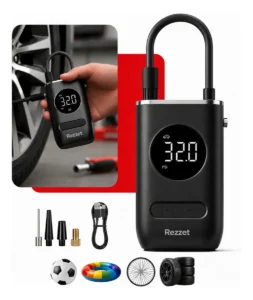 Leia mais sobre o artigo Mini Compressor Digital Portátil Rezzet para Carro Moto e Bicicleta com Calibrador Digital Inflador Elétrico de Pneus 12V Display LCD Lanterna LED Compacto e Recarregável Preto