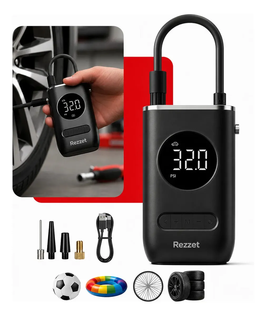 No momento, você está visualizando Mini Compressor Digital Portátil Rezzet para Carro Moto e Bicicleta com Calibrador Digital Inflador Elétrico de Pneus 12V Display LCD Lanterna LED Compacto e Recarregável Preto